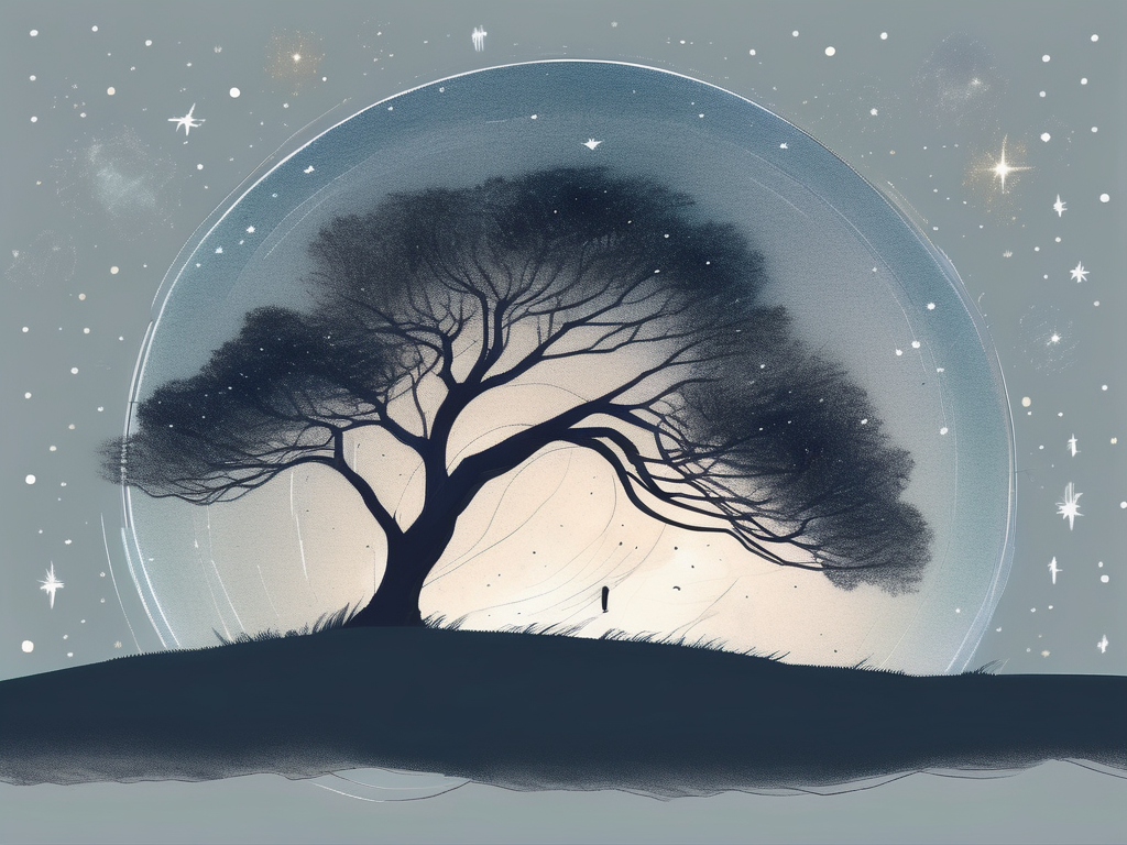 A serene landscape with a single tree under a starry sky