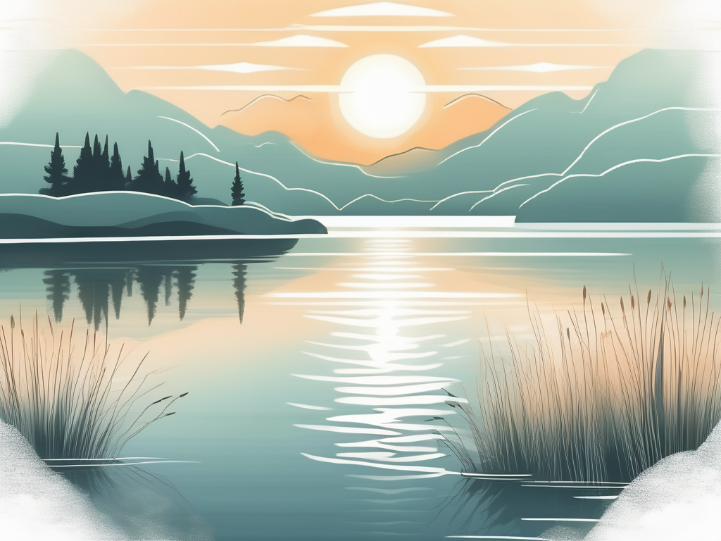 A serene landscape with a glowing sunrise over a tranquil lake