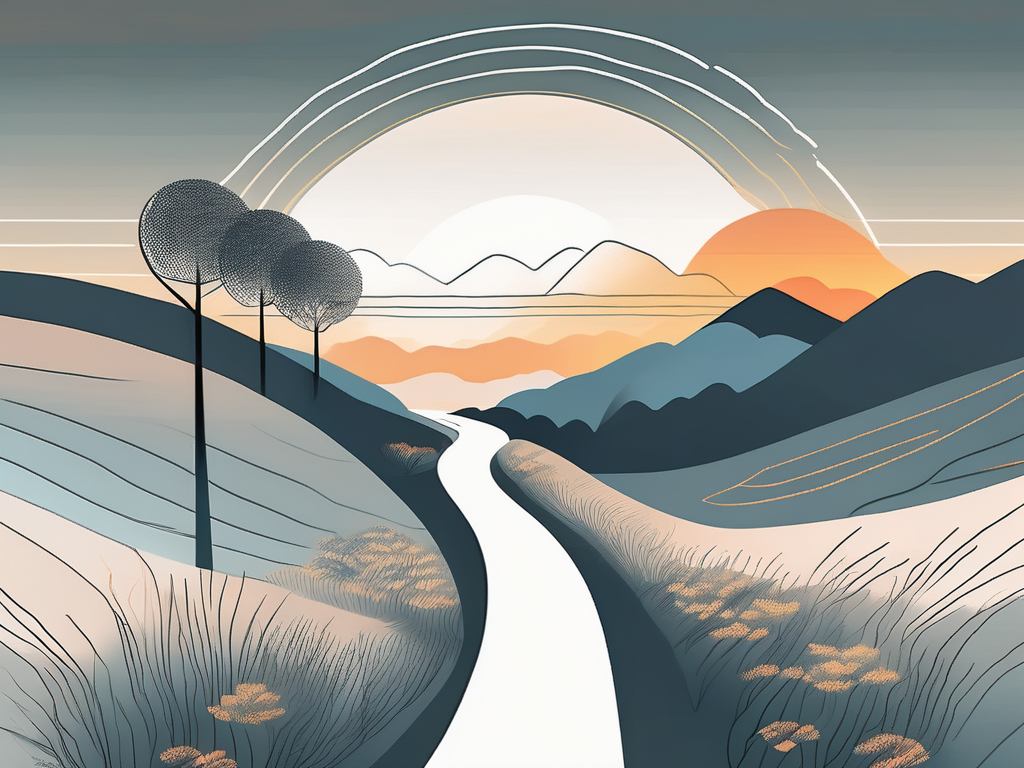 A serene landscape with a winding path leading towards a bright