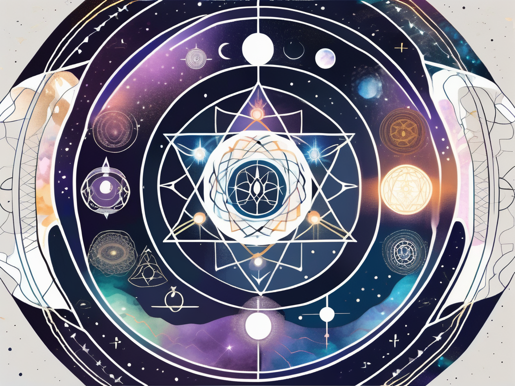 A cosmic scene with various celestial bodies intertwined with symbols of spirituality such as auras