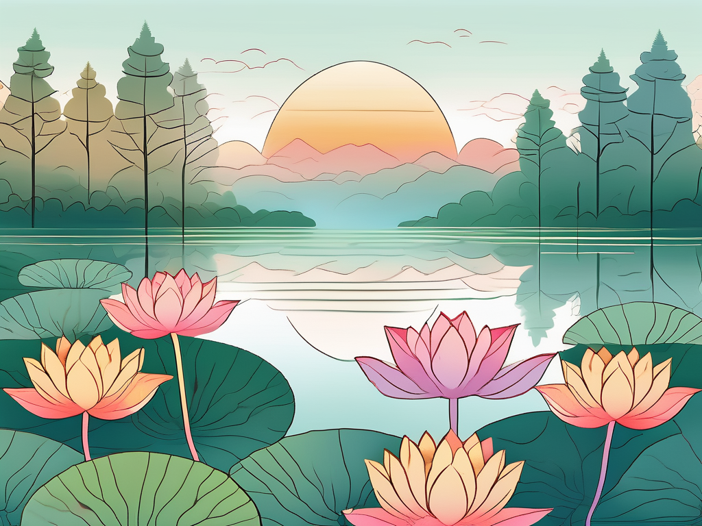 A serene landscape with a vibrant sunrise over a tranquil lake