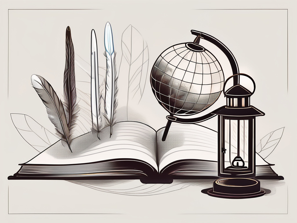 An open book with symbolic elements like a feather pen