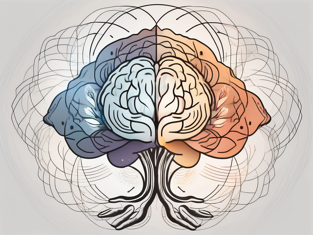 A brain intertwined with various spiritual symbols like the lotus flower