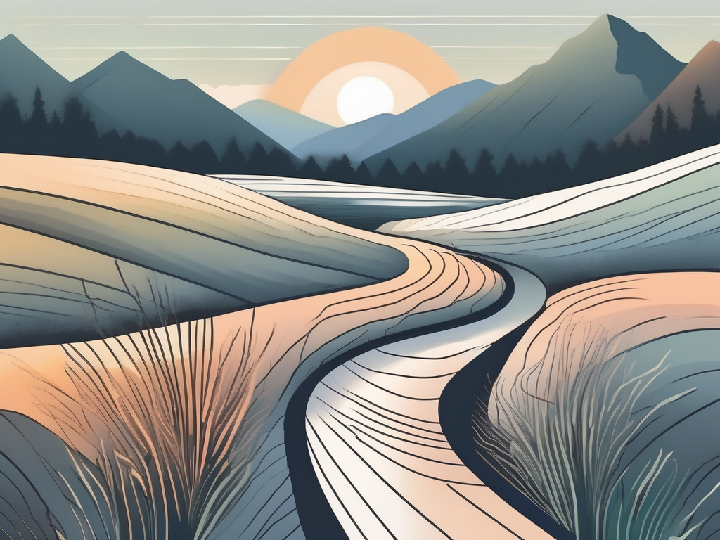 A serene landscape with a winding path leading towards a radiant sunrise