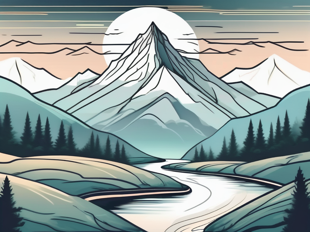 A serene landscape with a mountain peak touching the sky