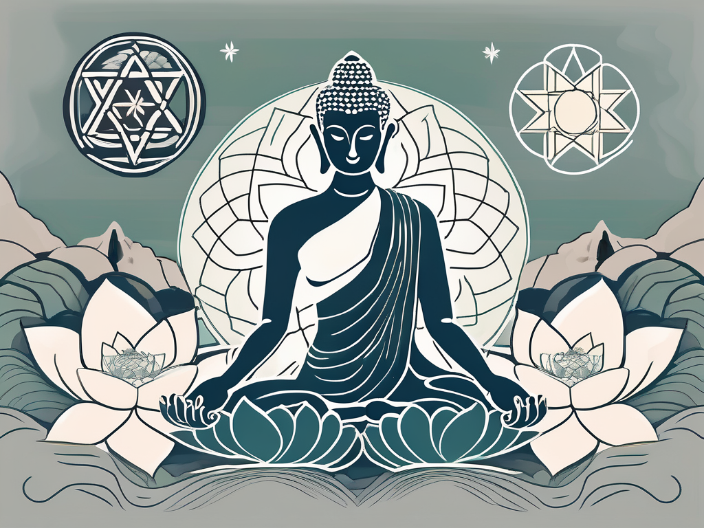 Various spiritual symbols such as a lotus flower