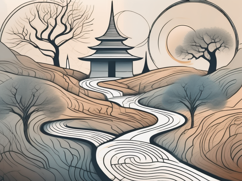 A winding path leading through various symbolic spiritual elements like ancient temples