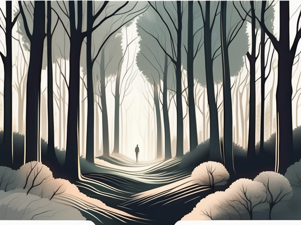 A serene landscape featuring a path winding through a forest of ancient trees