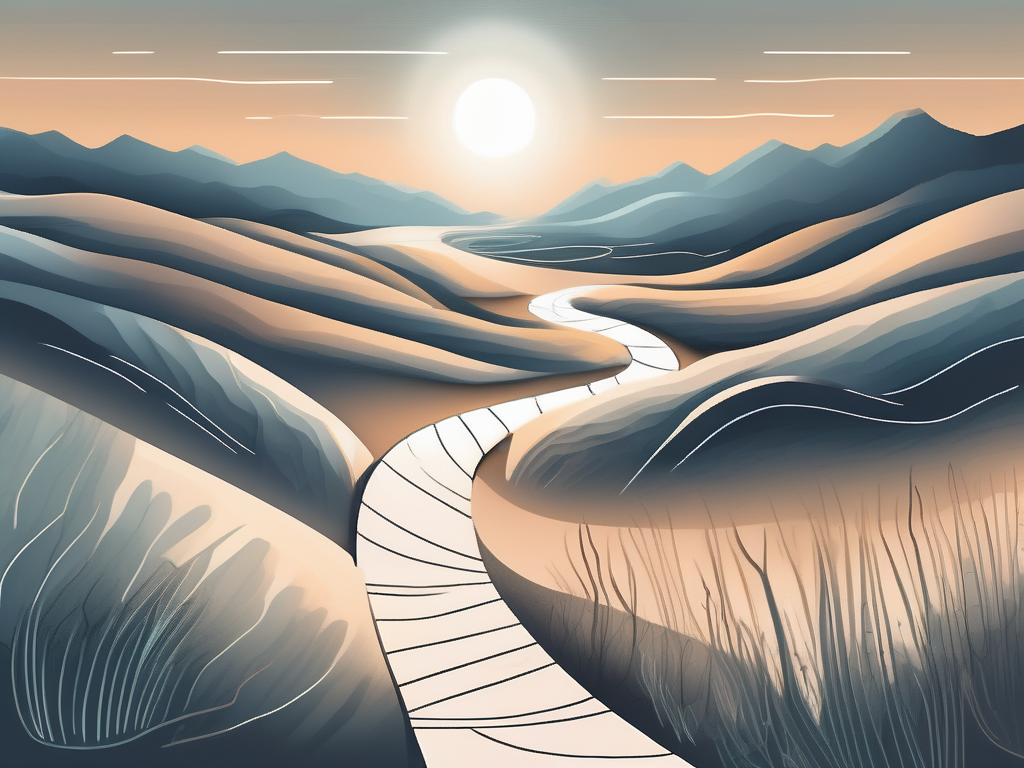 A serene landscape with a winding path leading towards a glowing light