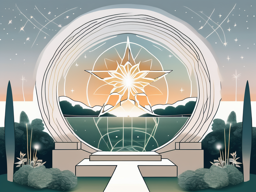 A serene garden setting with a prominent nine-pointed star (symbol of baha'i faith)