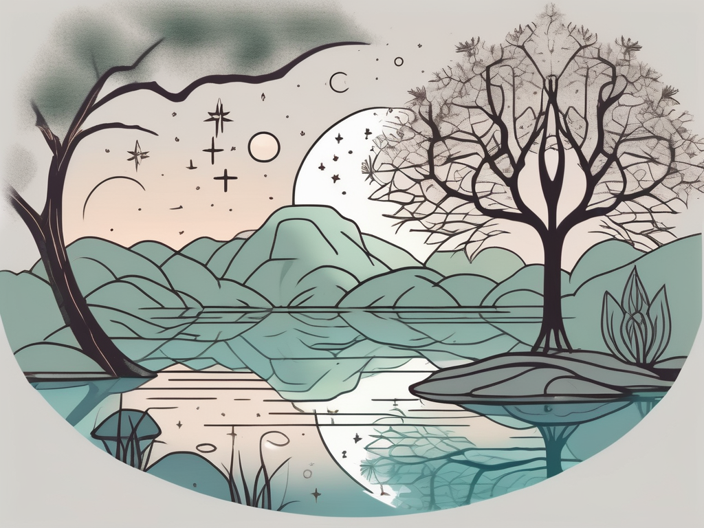 A tranquil landscape with various religious symbols subtly integrated into the nature scene