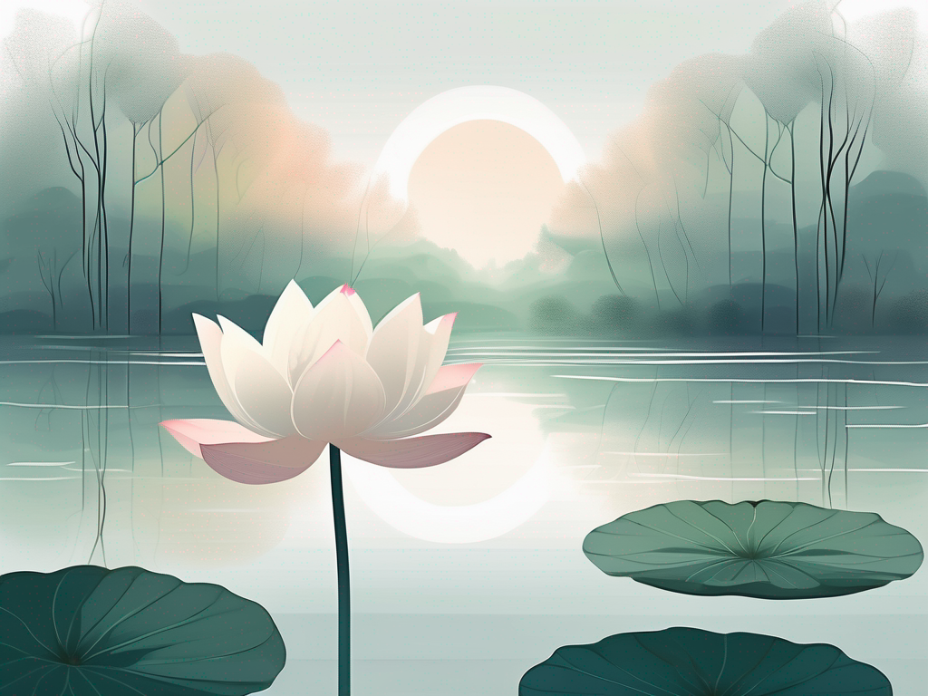 A serene landscape with a lotus flower blooming in a tranquil pond