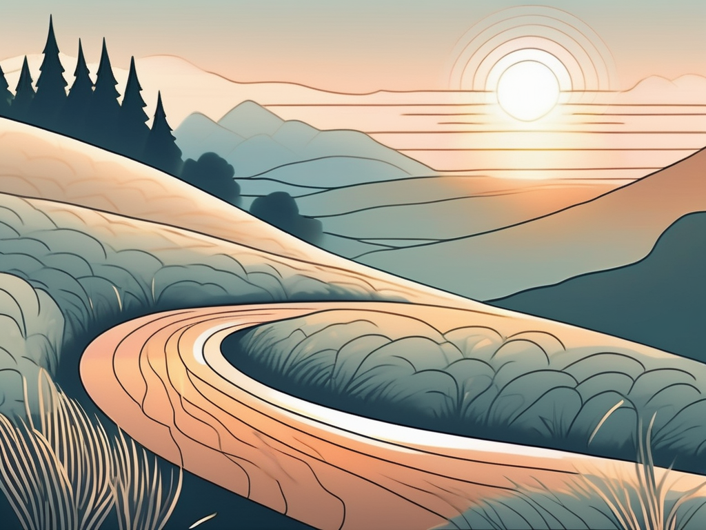 A serene landscape at dawn with a winding path leading to a radiant