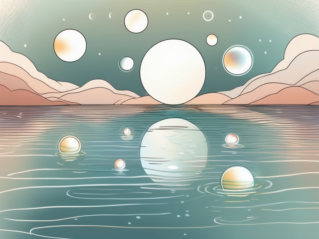 A serene landscape with multiple orbs of different sizes and colors