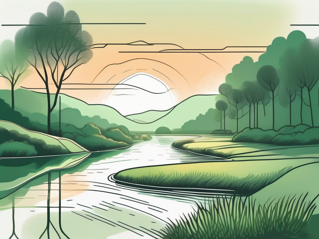 A serene landscape with a tranquil river flowing amidst lush greenery