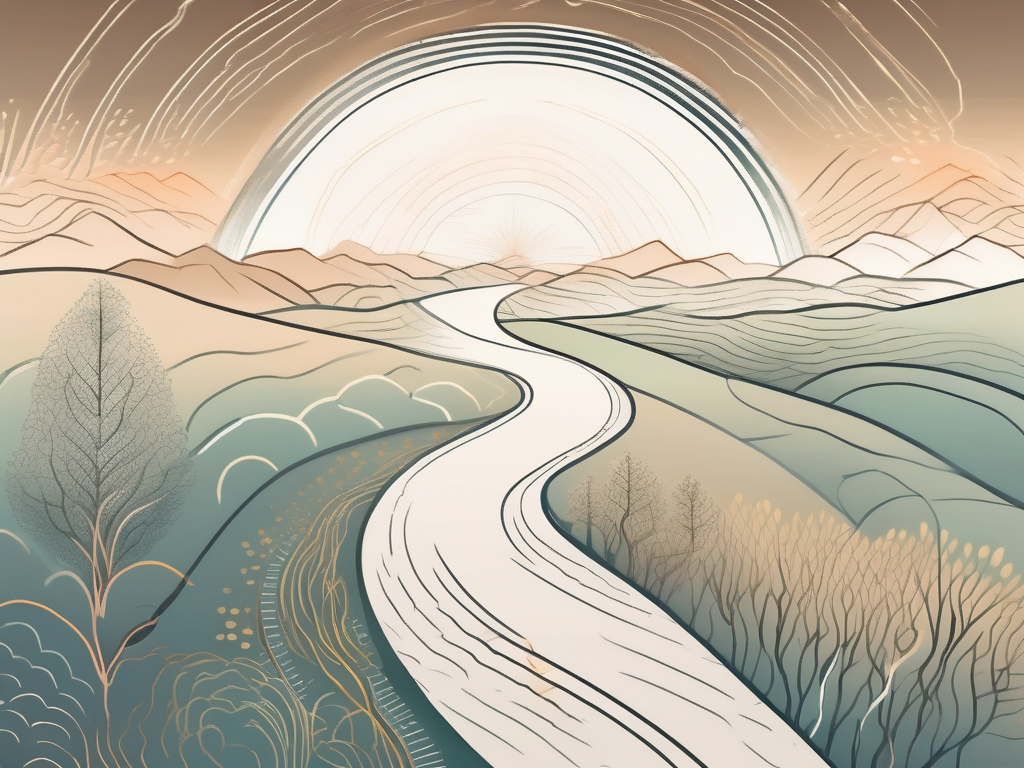 A serene landscape with a winding path leading towards a radiant light