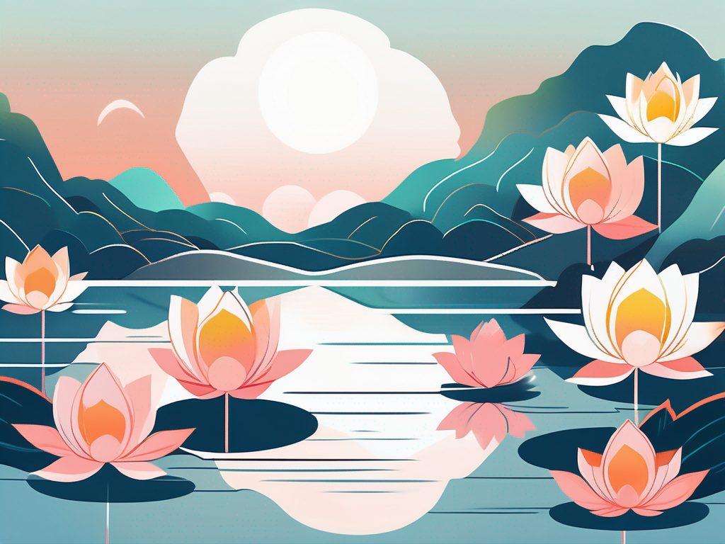 A serene landscape featuring a tranquil body of water reflecting a vibrant sunrise