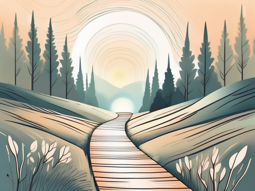 A serene nature scene with a path leading towards a bright