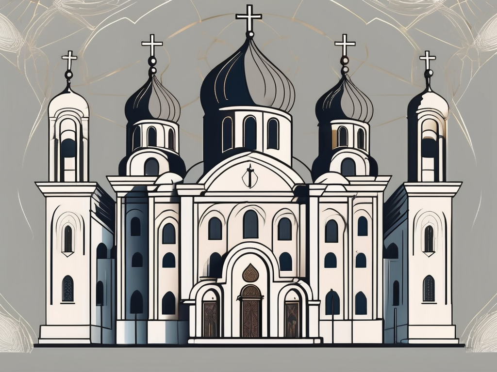 A traditional orthodox church with prominent features such as domes and crosses