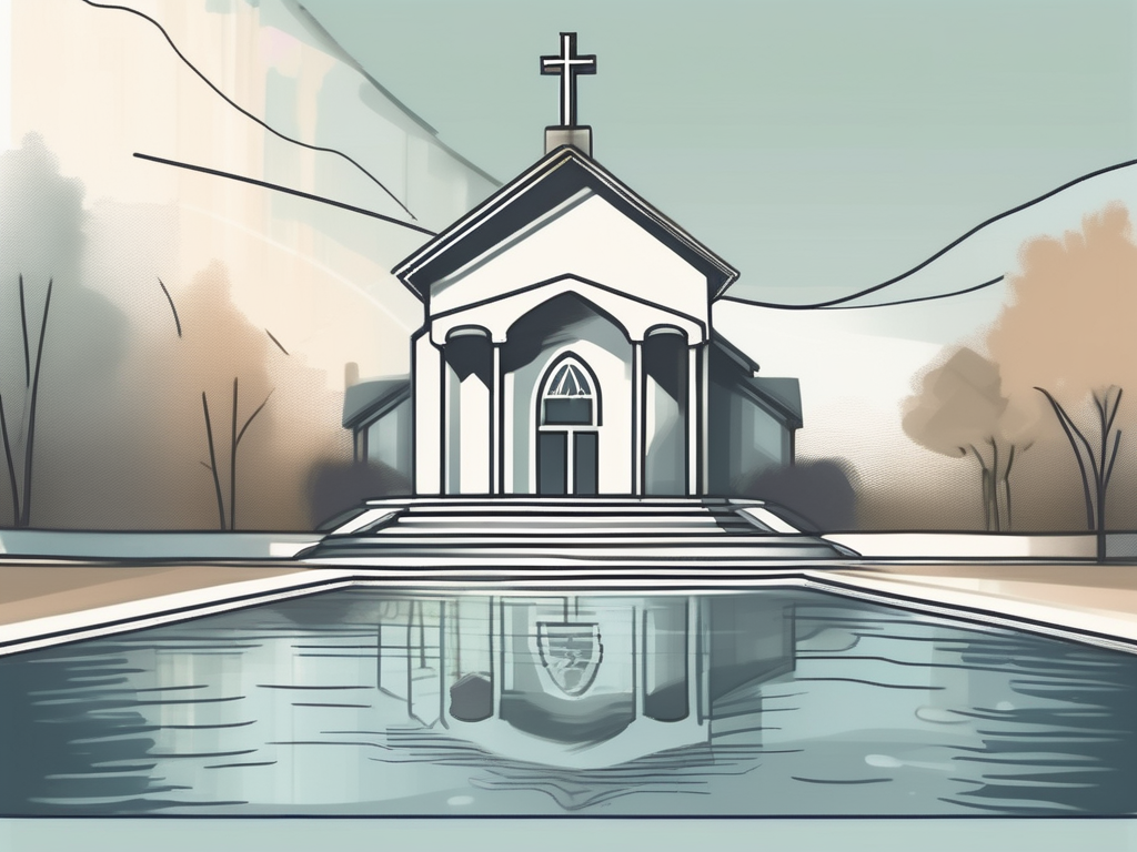 A church with a prominent water baptismal pool and a cross