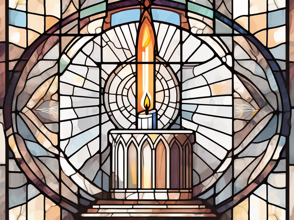 A lit candle against a backdrop of a church's stained glass window