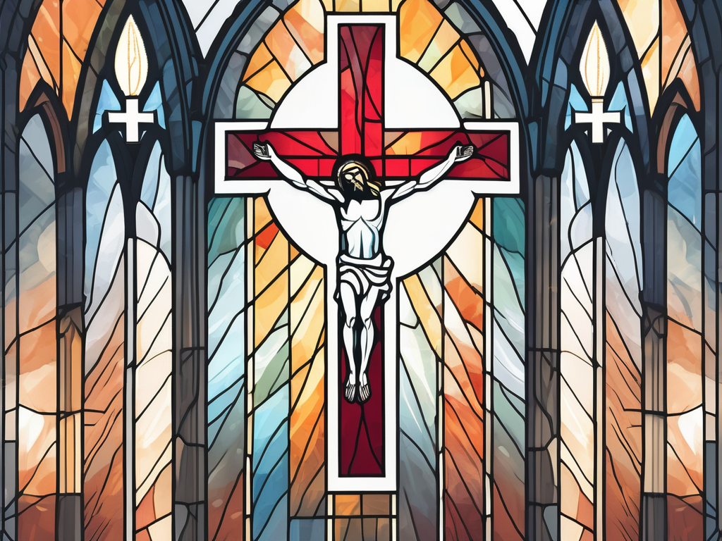 A cross shining brightly against a backdrop of a stained glass window