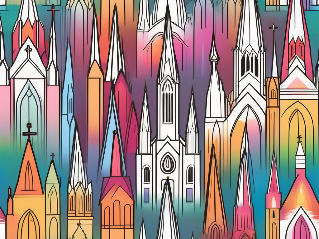 A diverse array of church steeples rising towards a sky filled with a spectrum of colors