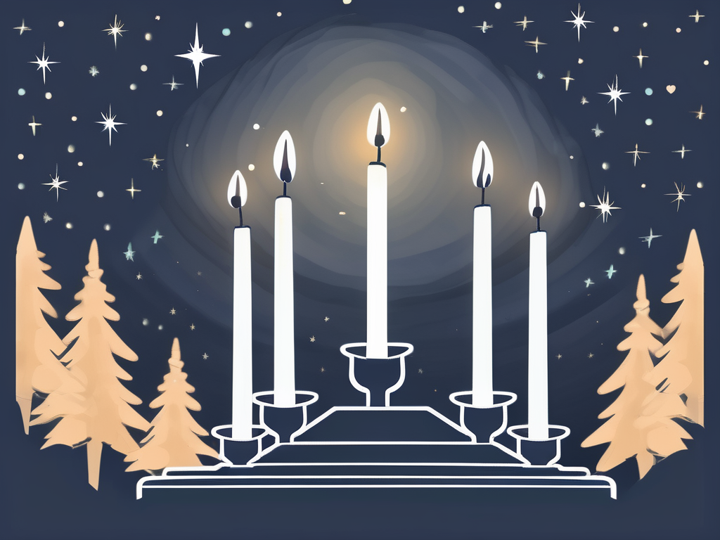 A lit advent wreath with four candles and a star shining brightly above it