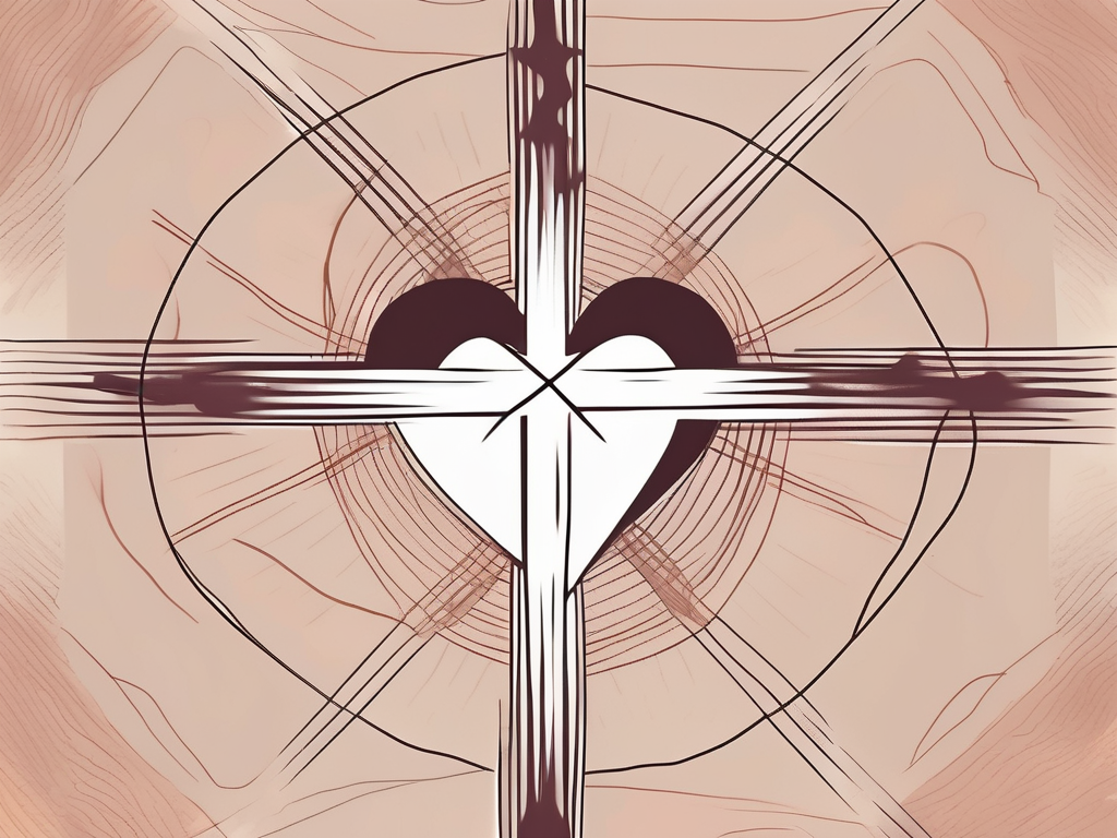 A cross intersecting with a flesh-colored heart