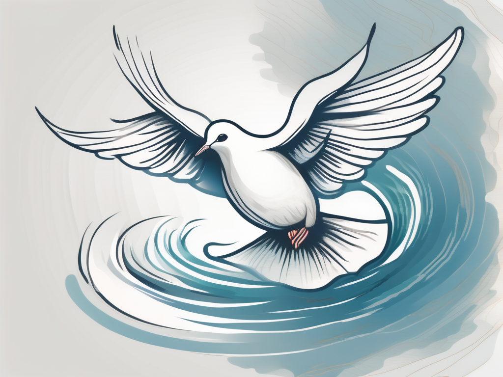 A dove descending towards rippling water