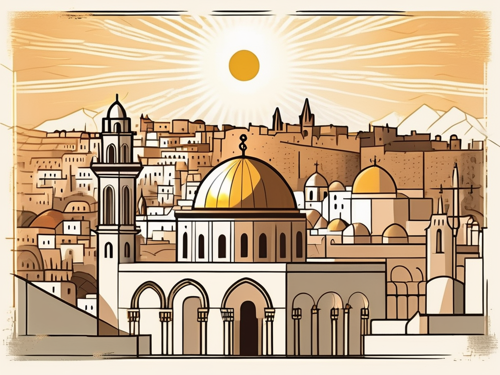 Ancient jerusalem with significant landmarks like the church of the holy sepulchre and the western wall