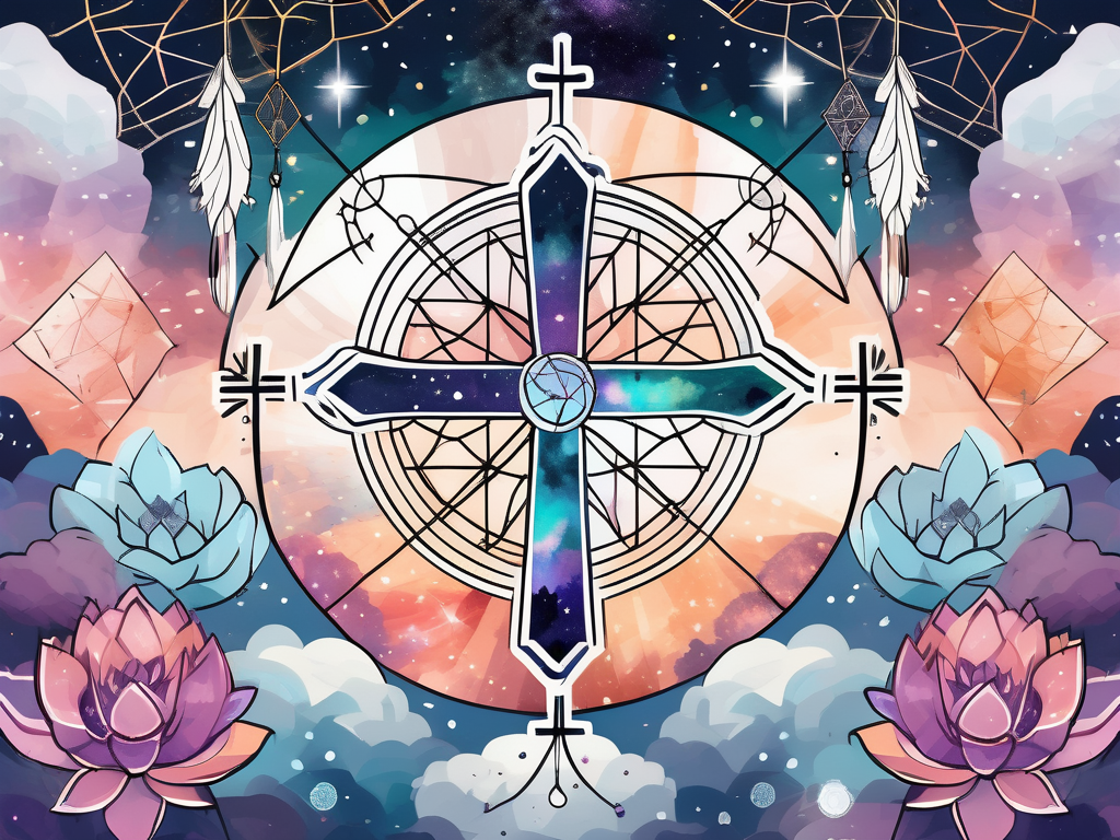 A cross surrounded by various new age symbols such as crystals
