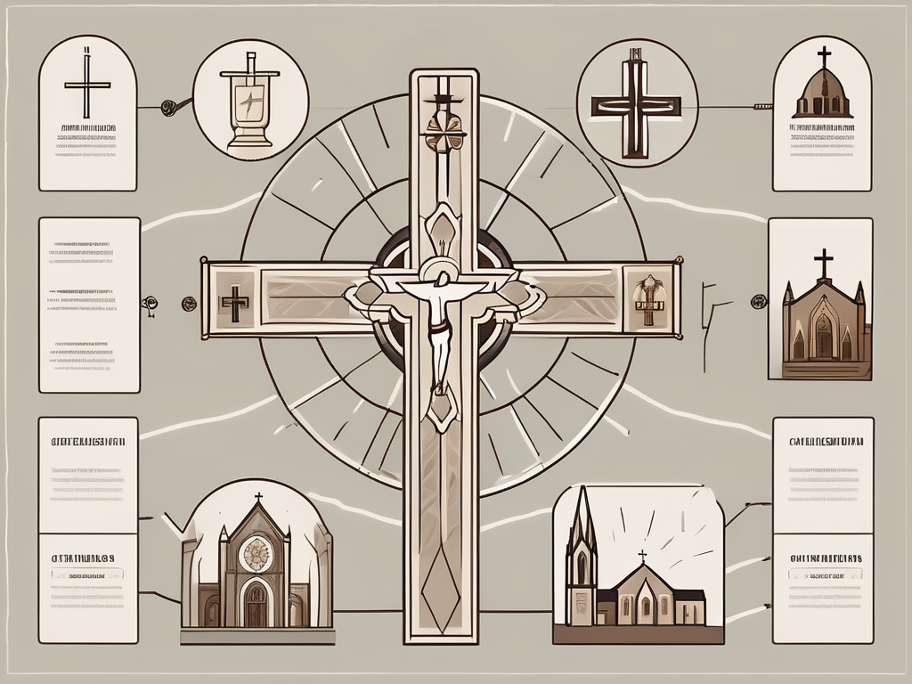 A timeline with symbolic icons representing key historical events and milestones of catholicism and christianity