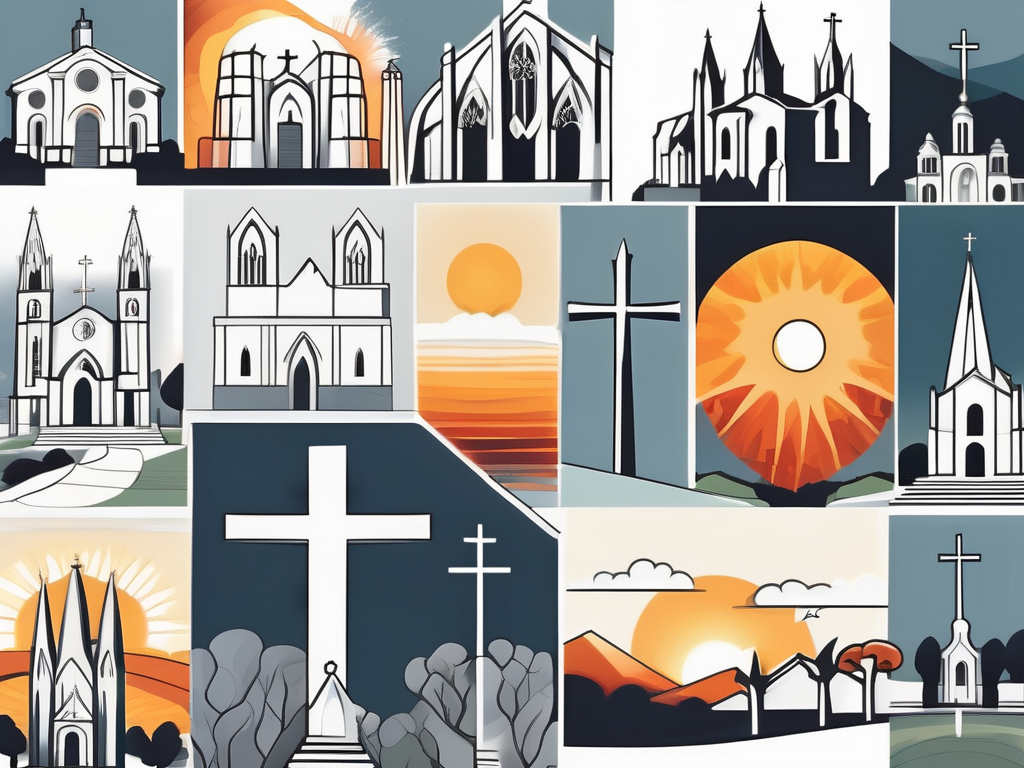 A symbolic landscape featuring key historical landmarks associated with famous christians