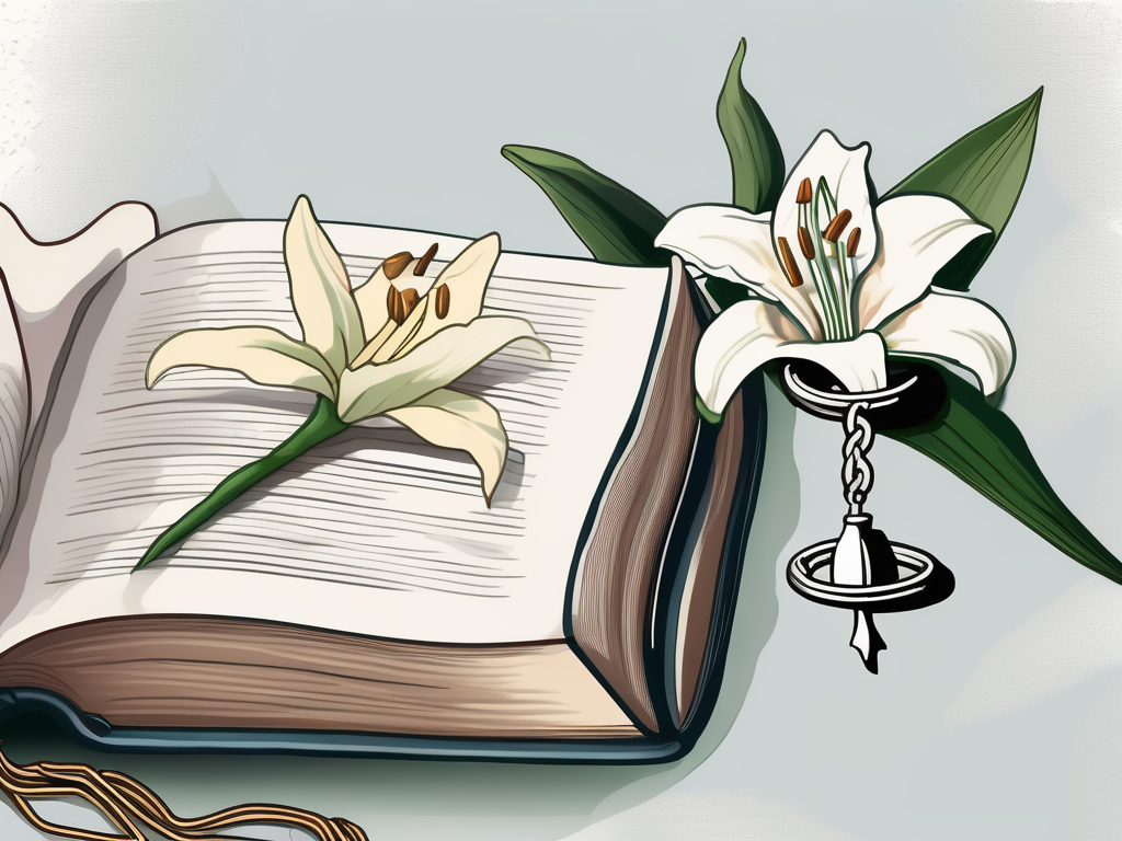 A rosary draped over a bible with a lily flower nearby