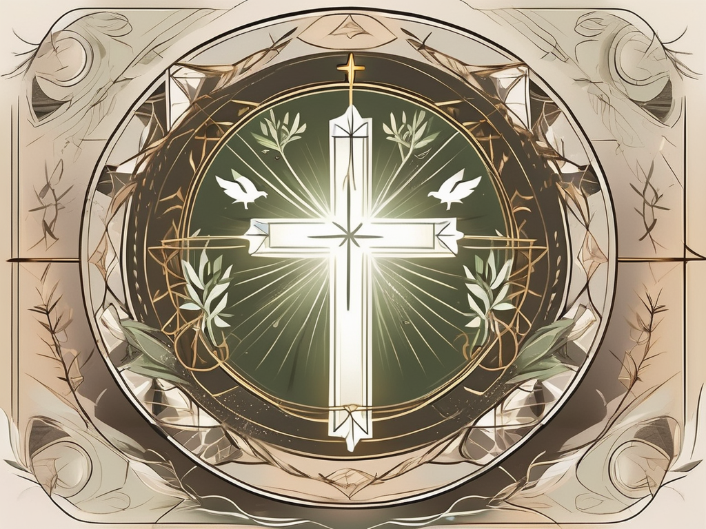 A glowing cross illuminated under a divine light