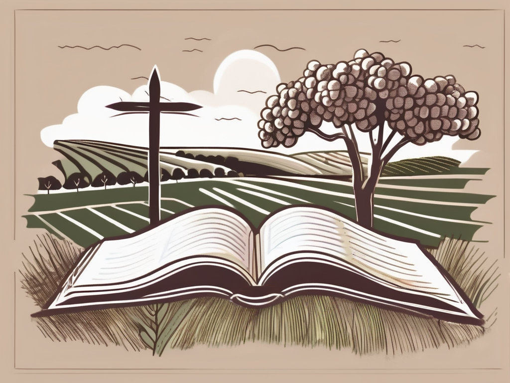 An open bible with a shepherd's staff and a fruitful vineyard in the background