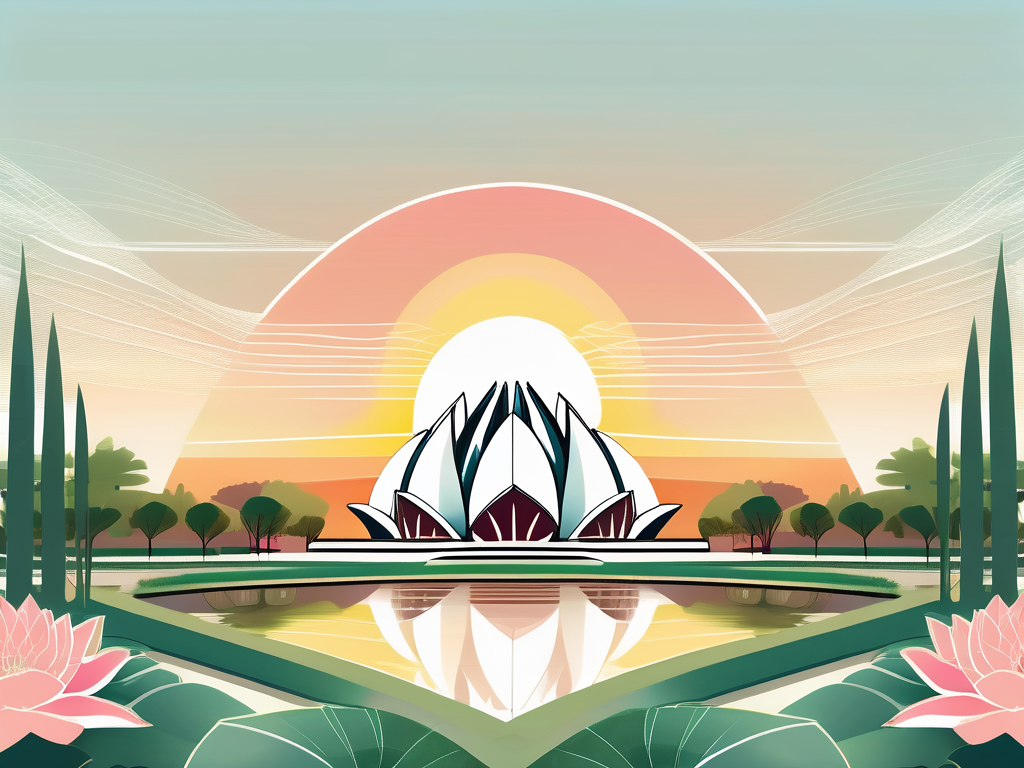 A serene landscape featuring the bahai lotus temple with its distinctive architecture