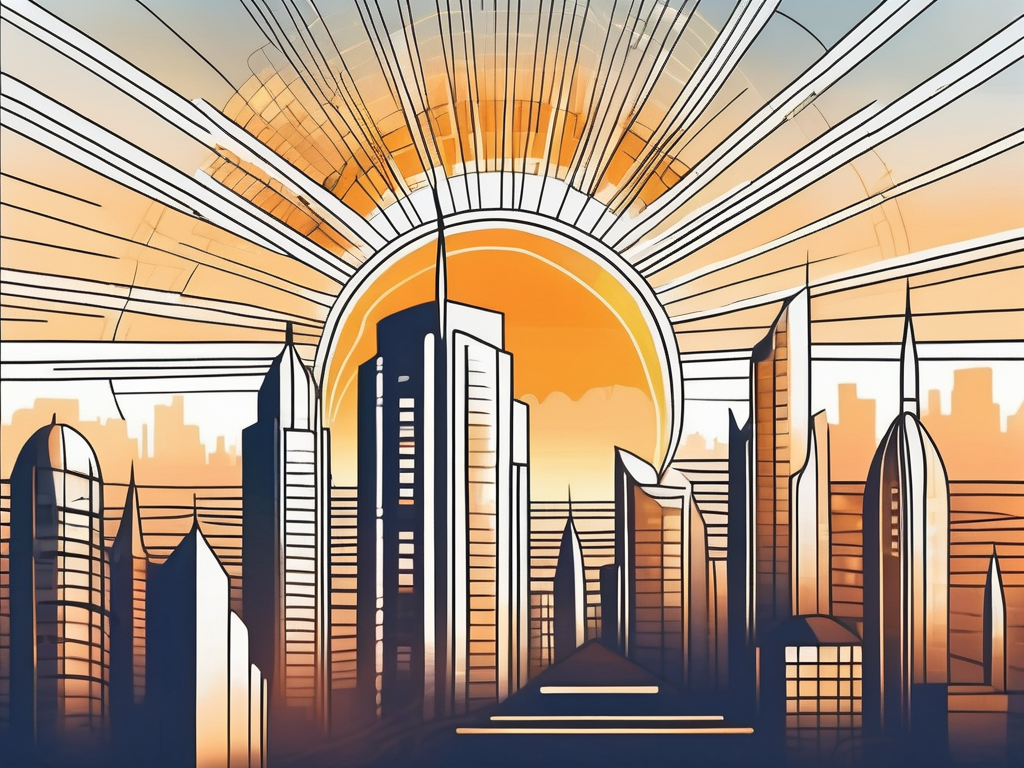 A radiant sun rising over a futuristic cityscape