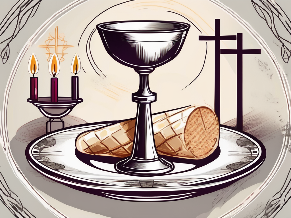 A chalice filled with wine and a plate with a wafer