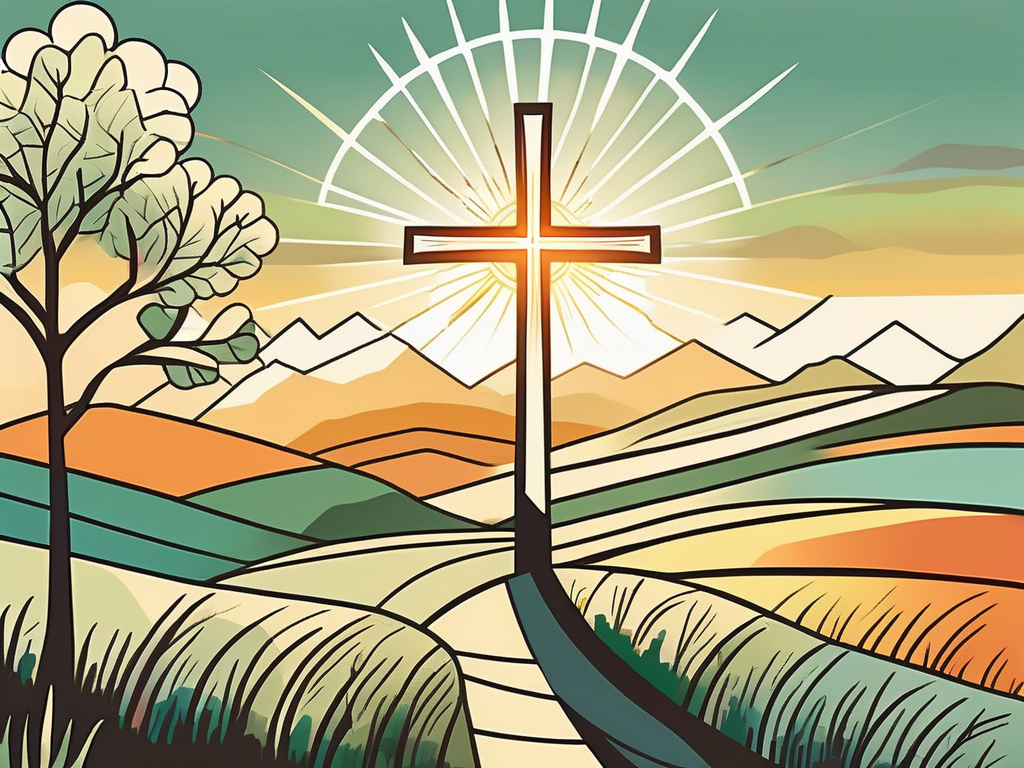 A radiant sun shining over a vibrant landscape with a cross standing tall on a hill