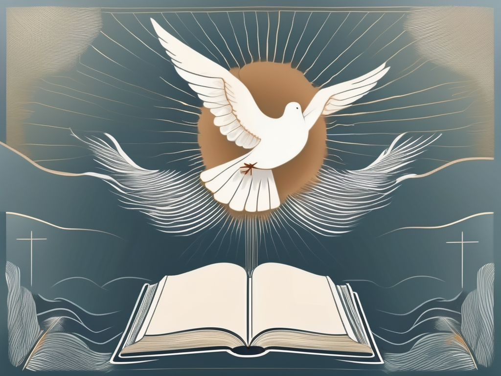 An open bible with a cross and a dove flying above it