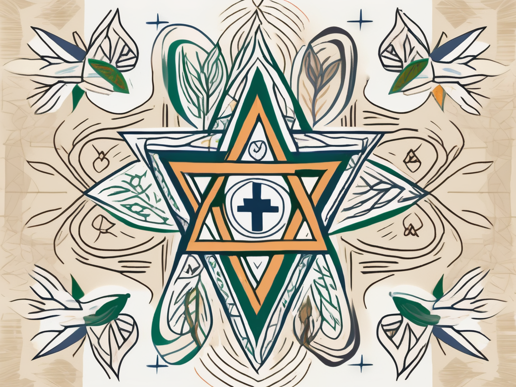 Interwoven symbols from judaism and christianity such as the star of david and the cross