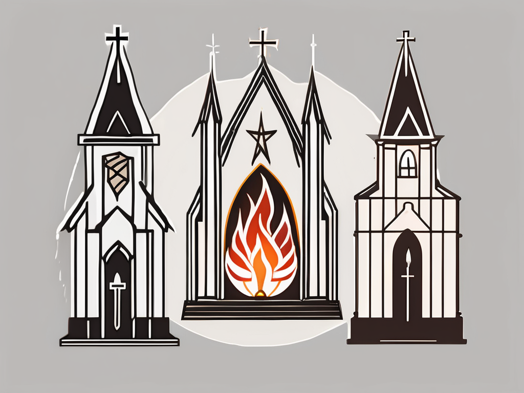 Two symbolic elements representing lutheran and pentecostal churches - a traditional church building for lutheranism and a flame for pentecostalism - side by side