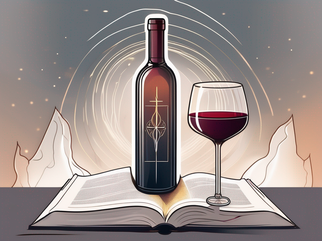 A symbolic representation of a holy scripture with a wine bottle and a glass on one side
