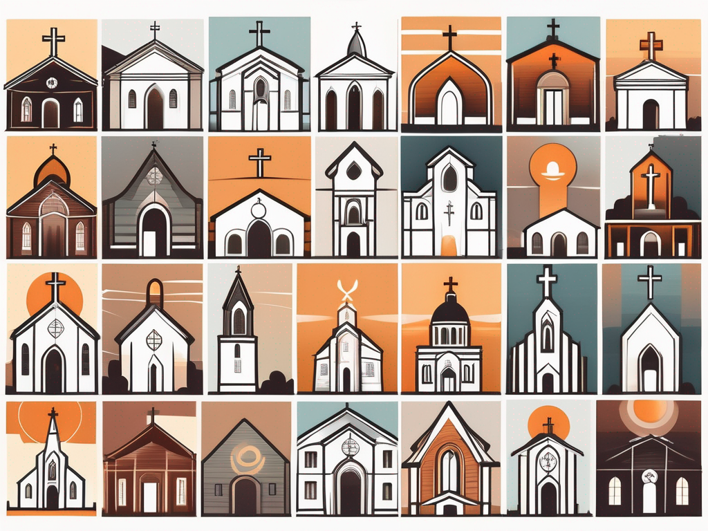 A diverse array of church buildings from different architectural styles