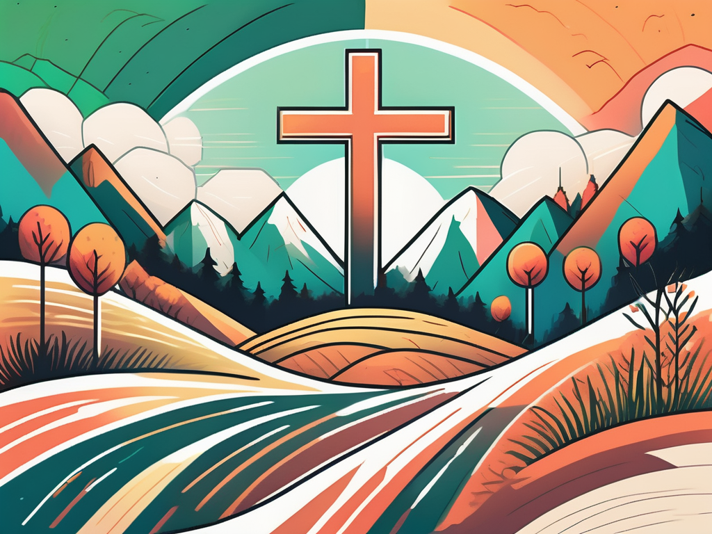 A vibrant landscape transitioning from a barren wilderness to a flourishing field with a cross at the center
