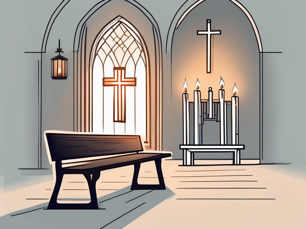 A serene church interior with a glowing cross
