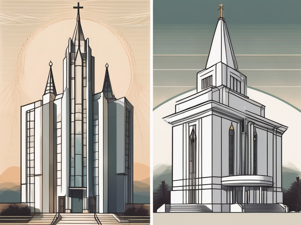 Two distinct buildings representing a seventh day adventist church and a mormon temple