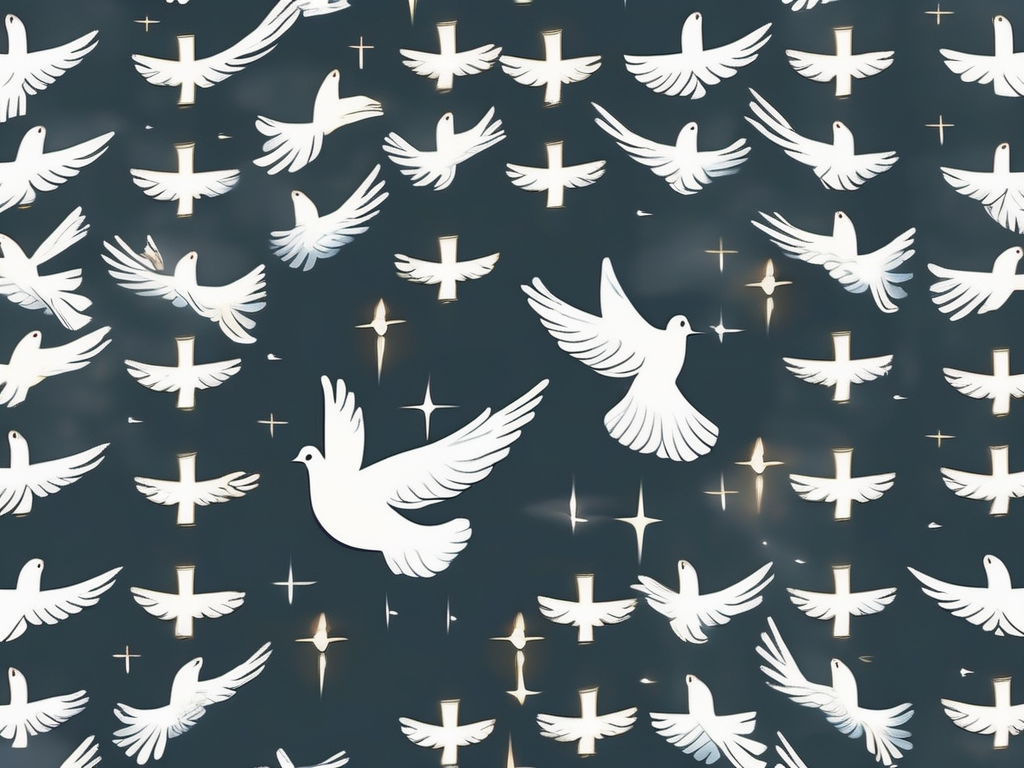 A white dove soaring in the sky with a radiant cross shining in the background